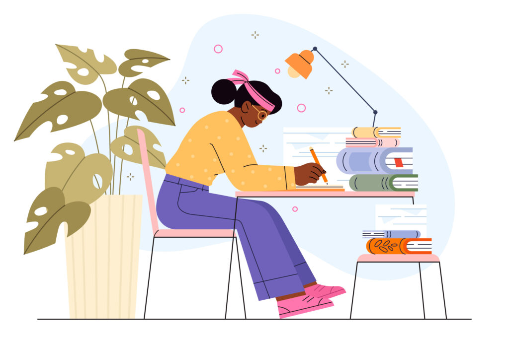 Illustration of a woman at a desk editing a novel