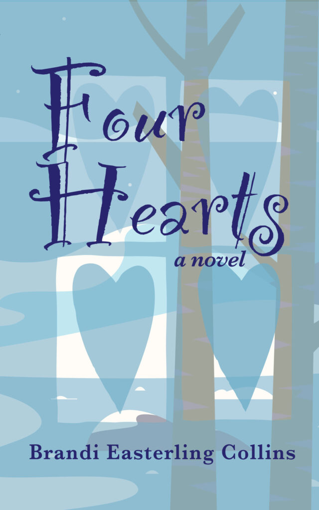 Blue bookcover with blue text reading Four Hearts